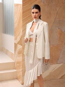 Modelyn Women's Elegant Polka Dot Patchwork Beige Fashion Asymmetrical Hem Tie Waist Suit Set, Autumn/Winter - Apricot - View 4