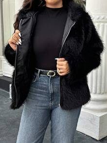 Easura 大码女式纯色长袖前拉链宽松仿皮草连帽夹克 - 黑色 - 查看 7