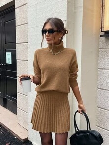 SHEIN Clasi 女式纯色高领落肩长袖毛衣和针织中长裙休闲两件套，秋冬 - 卡其色 - 查看 3