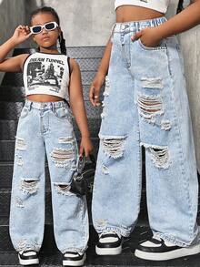 Sparklyn Tween Girls Y2K 休闲百搭破洞宽松阔腿牛仔裤，适合日常城市散步穿着 - 淺色水洗藍 - 查看 3