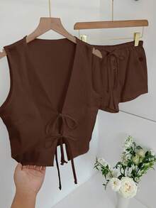 Comfortcana Bộ 2 áo thun không tay buộc dây màu trơn đơn giản dành cho nữ và quần short dây rút - màu nâu - Xem 6