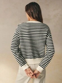 Cévolie Women's Casual V-Neck Dropped Shoulder Long Sleeve Striped Knit Pullover Sweater, Autumn/Winter - Multicolor - View 2