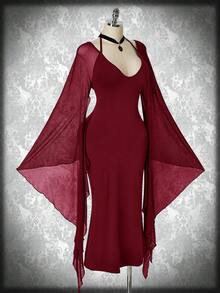 SHEIN ICON Váy bó sát tay cánh dơi phối lưới ôm sát cỡ lớn cho nữ, trang phục Halloween, Y2K, váy phù thủy cổ điển gợi cảm - Màu Đỏ Sâu - Xem 6