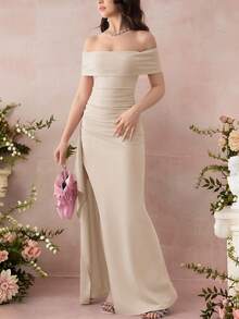 Pitira Pitira 少女常规肩部开衩下摆优雅修身连衣裙、派对礼服、婚礼宾客礼服、正式礼服、晚礼服 - 杏色 - 查看 6