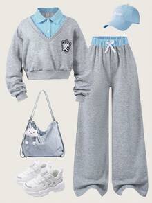 SHEIN 女童和青少年衬衫领多层外观运动衫，搭配裤子，适合日常、学校、秋冬休闲装 - 灰色 - 查看 2