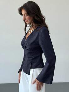 Aloruh New Stylish Commuter Waist Ruched Asymmetric Hem Long Flare Sleeve V-Neck Pullover Blouse - Navy Blue - View 4