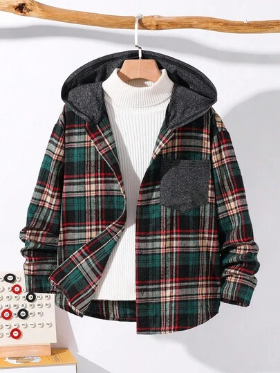 SHEIN 青少年男童休闲日常舒适格子拼接纯色连帽长袖纽扣衬衫