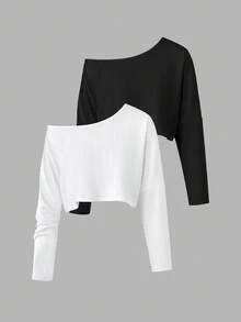 Sweetra 2 件套女士露肩长袖衬衫，通勤百搭，秋季 - 彩色 - 查看 2