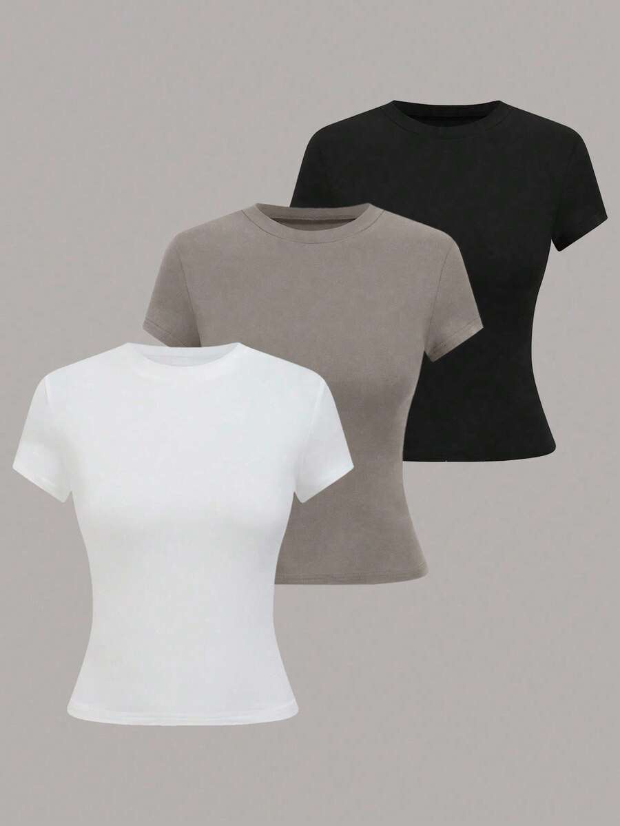 EMERY ROSE Women's Solid Color Minimalist Casual Round Neck Short Sleeve T-Shirt - Multicolor - View 1