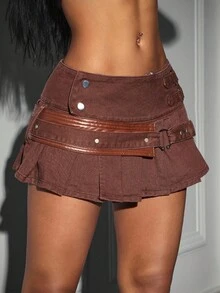 SHEIN EZwear Váy mini xếp ly denim cạp thấp phong cách Mỹ Y2K đơn giản, đa năng - màu nâu - Xem 6