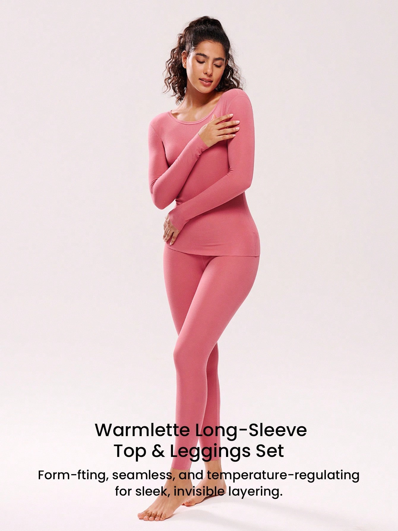 Ropa interior térmica para mujer Conjunto de capa base ultra suave para clima frío Pijama de invierno cálido Parte superior de cuello redondo y pantalones largos - Conjunto ligero y cálido de color rojo parduzco