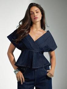 Denimoi 女士夏季褶皱露肩牛仔上衣 - 深色水洗藍 - 查看 1