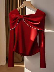 Franclia 女士优雅浪漫通勤蝴蝶结装饰修身长袖T恤，秋冬 - 酒紅色 - 查看 6