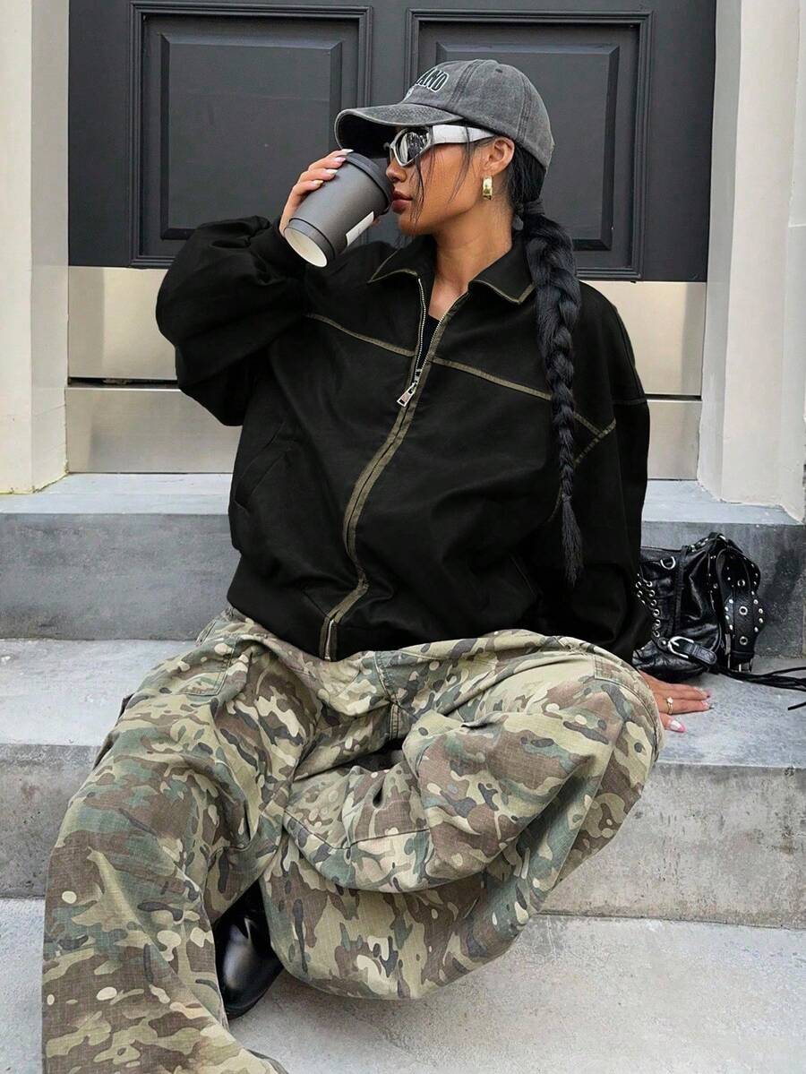 SHEIN EZwear 女式复古水洗 PU 皮革前拉链长袖休闲夹克,黑色秋冬女装 - 黑色 - 查看 1