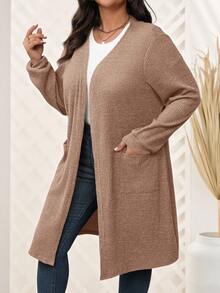EMERY ROSE Plus Size Casual Ribbed Dual Pocket Front Cardigan, Autumn Fall Clothes Plus Size Plus Size Cardigan Plus Size Winter Clothes Fall Clothes For Women Brown Cardigan - Khaki - View 4