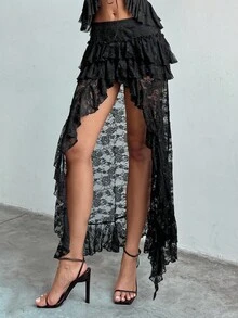 Aloruh Women's New Boho Vacation Sexy Music Festival Punk Black Lace Multilayer Ruffle Asymmetrical Asymmetric Hem Skirt
