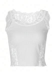 INAWLY Top de tanque de punto acanalado con ribete de encaje