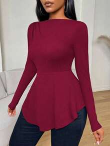 VaVaBold Camiseta de mujer de manga larga con ajuste ceñido y volante en el bajo, color negro sólido, para otoño, con vuelo - Burdeos - Ver 3