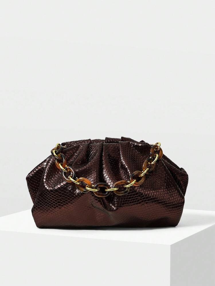 LADIES' SNAKESKIN PRINT RUCHED CHAIN HANDBAGS