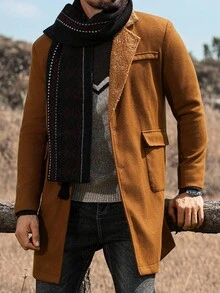 Manfinity Nomadique Men's Solid Color Pocket & Button Front Long Sleeve Overcoat, Autumn Fall Going Out Overcoat, For Friends, Husband, Boyfriend Gifts Men Long Coat Brown For Men