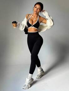 Slayform 女式撞色绑带吊带上衣和高腰紧身裤运动套装