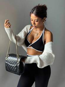 Slayform 女式撞色绑带吊带上衣和高腰紧身裤运动套装