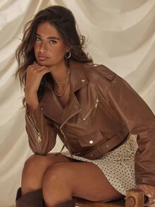 Aralina PU Faux Leather Moto Jacket Cropped Biker Jacket Edgy Streetwear Belted Outerwear - Mocha Brown - View 6