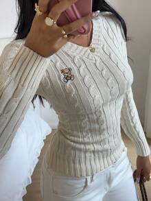 SHEIN EZwear Airport Fall Y2k 休闲卡通熊刺绣 V 领麻花针织修身毛衣 Y2k - 杏色 - 查看 7