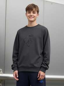 SHEIN Casual Loose Comfortable Versatile Solid Color Embossed Graphic Crew Neck Sweatshirt For Teen Boys,In Fall/Winter