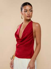 COSMINA Women's Solid Color Halter Backless Draped Sexy Camisole,Red Top - Burgundy - View 5