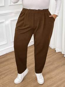 SHEIN CURVE+ Pantalones negros de talla grande para mujer con estampado de leopardo, costuras, cintura elástica y bolsillos, ropa de otoño e invierno, ropa informal y cómoda, pantalones para trabajo, ropa de maestra, pantalones para curvas, ropa de oficina, ropa casual de negocios para mujer