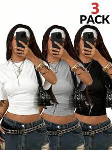 Coolane 女式四季简约 Y2K 基本款日常休闲返校街头风弹力宽松褶皱短款 T 恤，2 件 - 彩色 - 查看 1