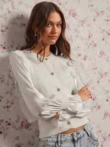 Enchnt Suéteres de mujer casuales, de moda, versátiles y sencillos de manga larga con botones - Blanco - Ver 7