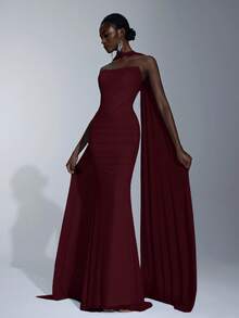 Elitara Elegant Luxurious Light Blue Elastic Mesh Boat Neck Full Ruffle Sequin Bridesmaid Dress - Burgundy - View 4