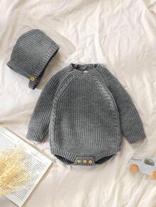 SHEIN Vintaside Kids 2pcs Grey Infant Sweater Bodysuit Set, Long Sleeve Triangle Bodysuit & Hat, Fashionable Casual Minimalist Design With Hat
