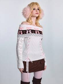 ROMWE Avant 女士复古甜心极简性感费尔岛蝴蝶结提花缎带系带露肩修身毛衣 - 白色 - 查看 6