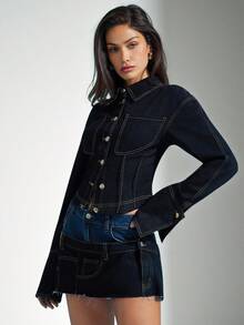 Denimoi Cinched Waist Exaggerated Cuffs Collared Denim Shirt - Dark Wash - View 5