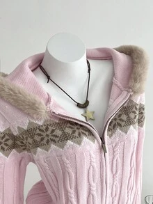 Elamini 女士几何图案保暖拉链连帽开衫，秋冬时尚 - 彩色 - 查看 3