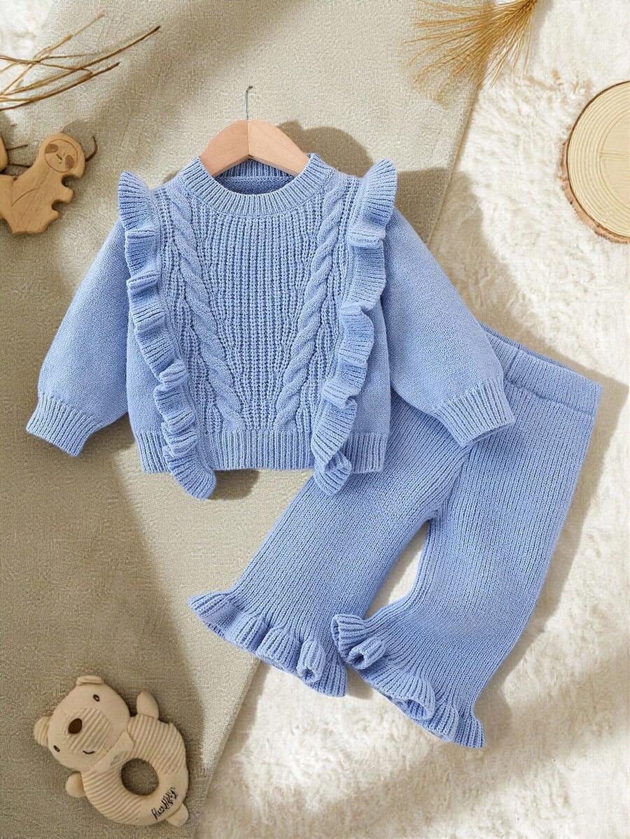 SHEIN Vintaside Kids 2pcs Baby Girls Sweater Set, Ruffled Collar, Cable Knit Pullover Top With Matching Flared Pants, Comfortable, Suitable For Autumn/Winter Fall - Blue - View 1