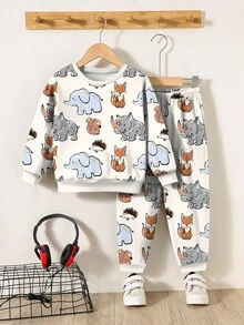 SHEIN Bộ 2 món/Bộ đồ chui đầu dệt kim mềm mại, rộng rãi, họa tiết sở thú, động vật hoạt hình, họa tiết voi, phù hợp cho bé trai, mùa thu/đông - Nhiều màu - Xem 2