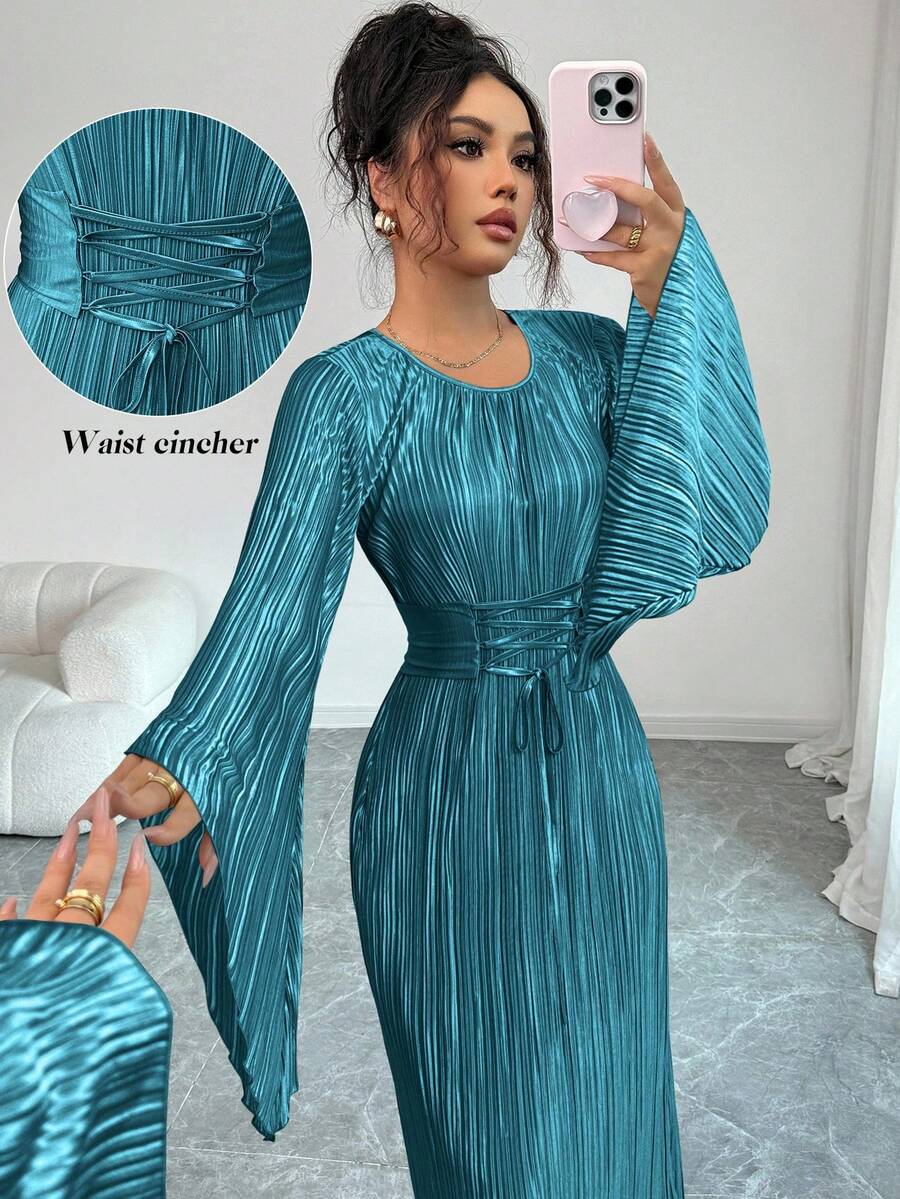 Elenzga Gaun Lengan Panjang Elegan Leher Bulat Warna Polos Ukuran Standar - Teal Blue - View 1