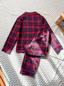 SHEIN Vintaside Kids 优雅简约勃艮第格子和海军蓝口袋设计开衫和裤子休闲家居服套装，适合少女 - 紅色 - 查看 2