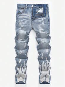 SHEIN 青少年男孩 Bolty 时尚休闲 Y2k 复古酷炫街头火焰图案设计蓝色牛仔弹力紧身牛仔裤，适合日常穿着、秋冬季节、锐舞派对和街头服饰。 - 藍色 - 查看 6