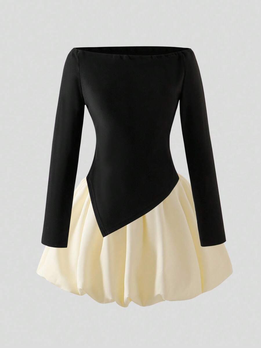 Conjunto de 2 piezas de mujer con blusa negra de manga larga asimétrica con hombros descubiertos y falda de burbujas con flores 3D, para vacaciones - Negro - Ver 1