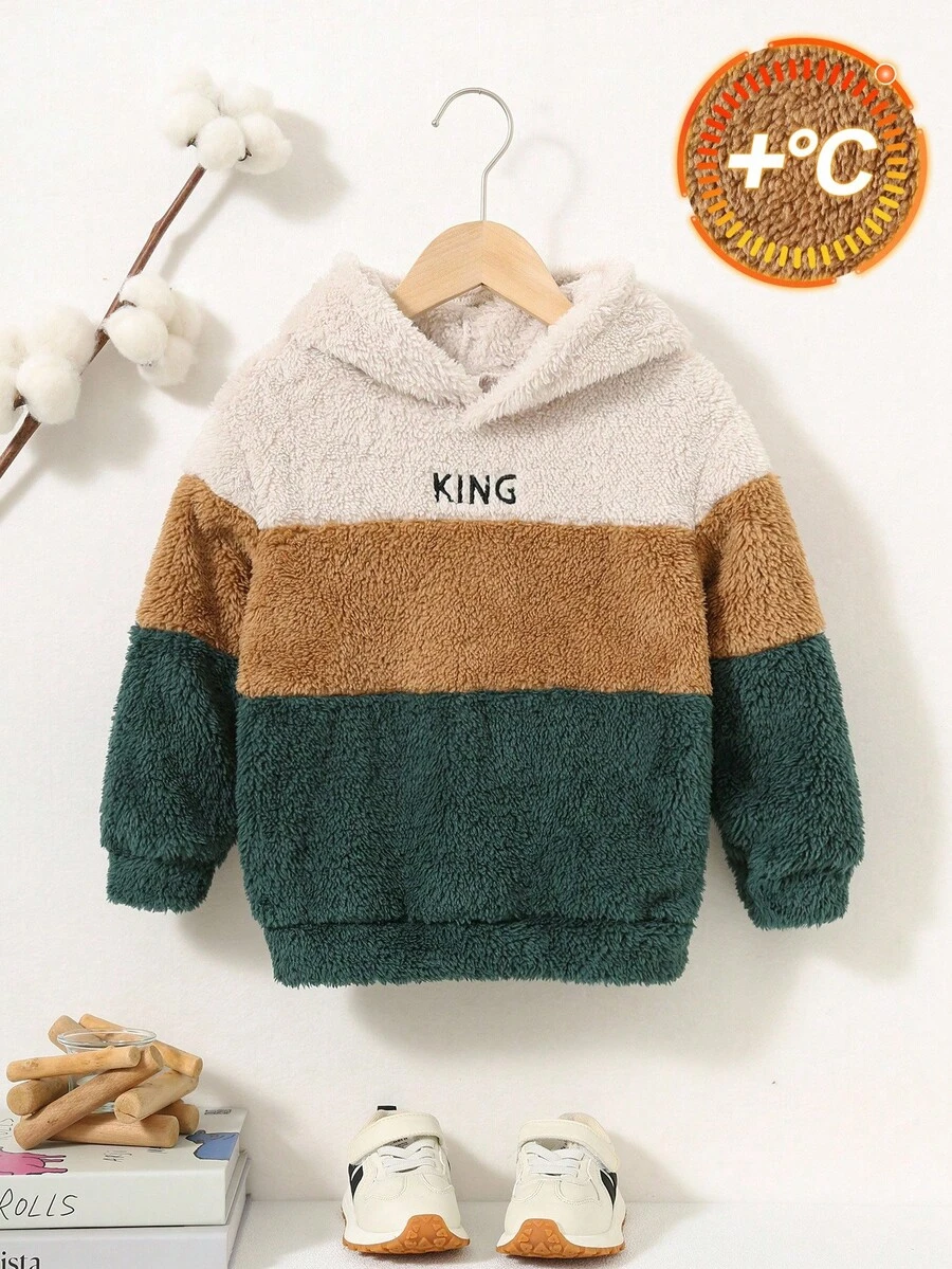 SHEIN Young Boy Casual Embroidered Fleece Patchwork Contrast Color Sweatshirt, Loose And Comfortable Pullover Sweatshirt Fall Winter - Multicolor - View 1