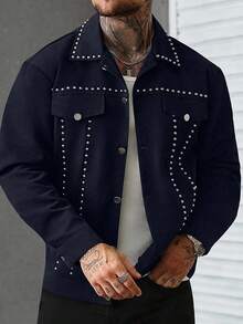 Manfinity LEGND Men's Street Stud Metal Jacket, Out Bomber Gothic Black Long Sleeve Jacket, Gifts For Friends, Husbands, Boyfriends Studded Jacket Men Denim Jacket Men Studded Men Studded Jacket Black Studded Jacket Men Men Dark Jacket - Navy Blue - View 6