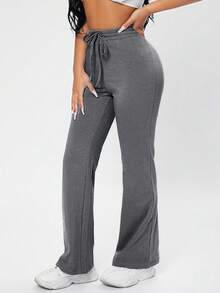 EURMUSE Solid Drawstring Waist Black Sweatpants - Grey - View 1
