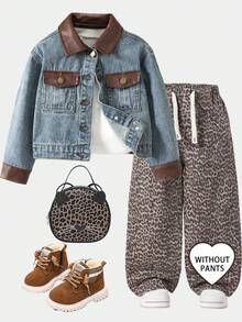 SHEIN Young Girl Denim Jacket And Coat, Retro American Niche Casual Cool Denim Jacket, New Design Contrast Color Splicing Leather Jacket, Blue Denim Top Fall Winter