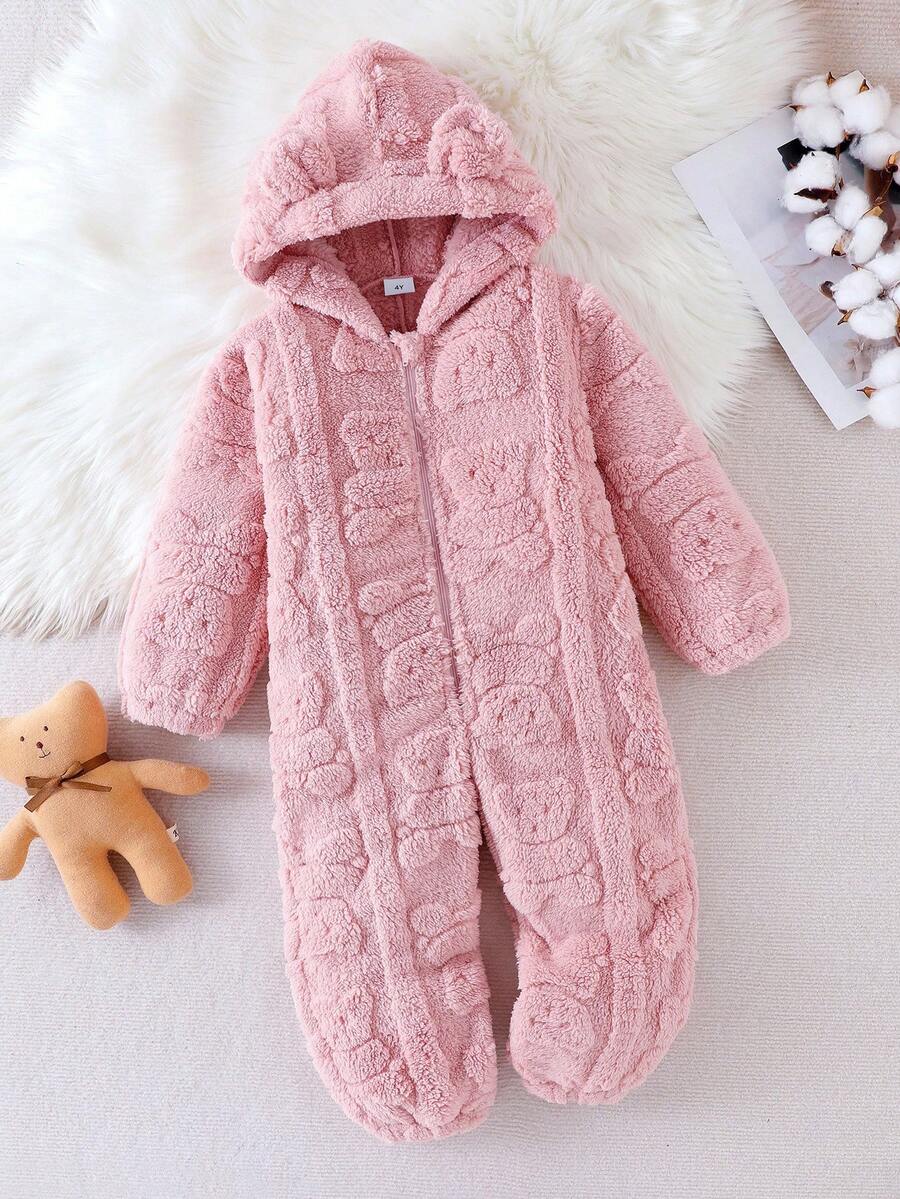 女童可爱熊耳连帽长袖保暖拉链连体衣，夜光毛绒可爱女童连体衣 - 粉色 - 查看 1