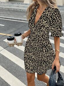 SHEIN Frenchy Women's Casual Summer Leopard Print Mini Dress Brown Cheetah